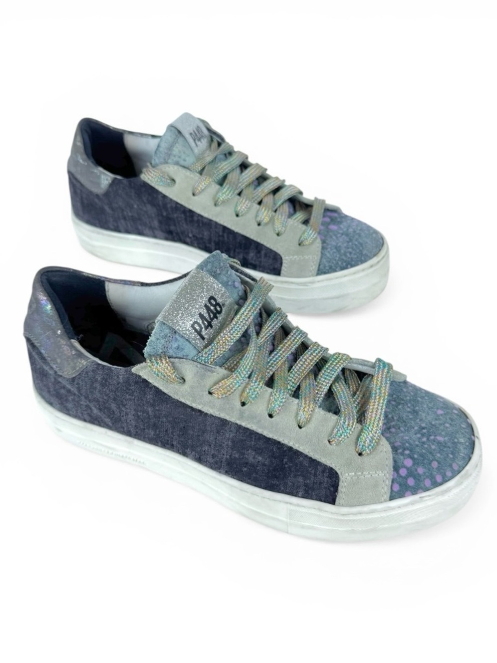 P448 Low Top Sneakers Suede Glitter Iridescent Purple Blue Size 38 Good Preowned